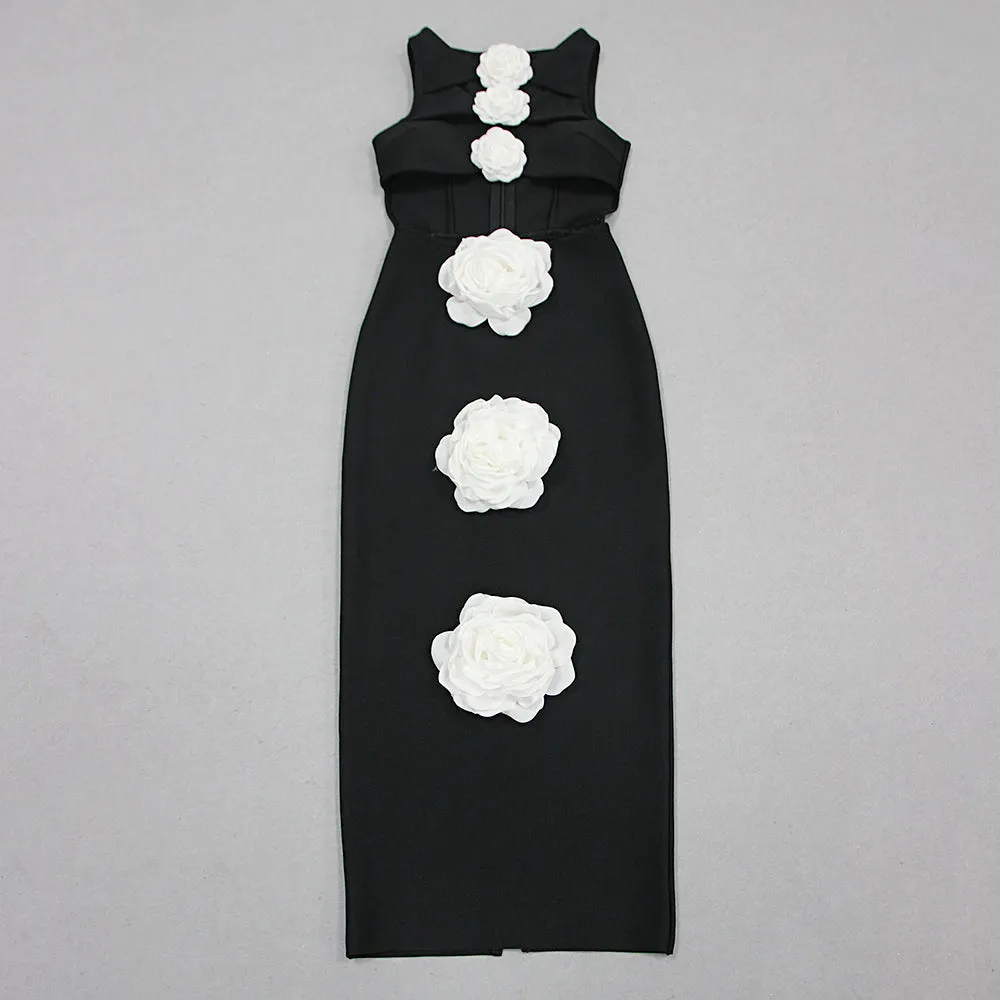 3D FLOWER CUT OUT BODYCON MIDI DRESS IN BLACK