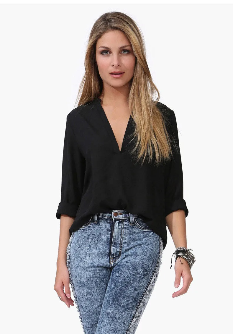 6XL Plus Size T Shirt Women 2016 Spring New Fashion Long Sleeve V-Neck Black White Chiffon Tops tshirt 4XL 5XL 992116