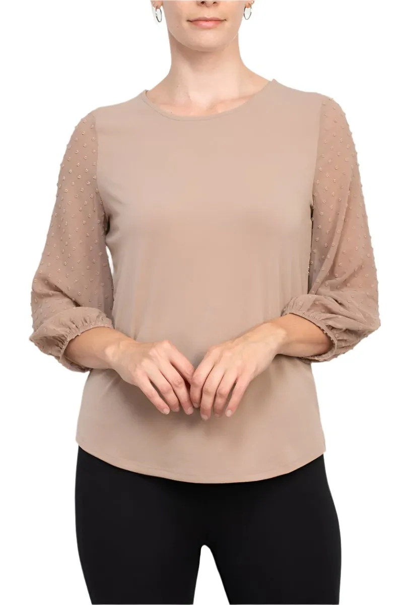 Adrianna Papell crew neck 3/4 sleeve clip dot chiffon sleeve solid moss crepe top