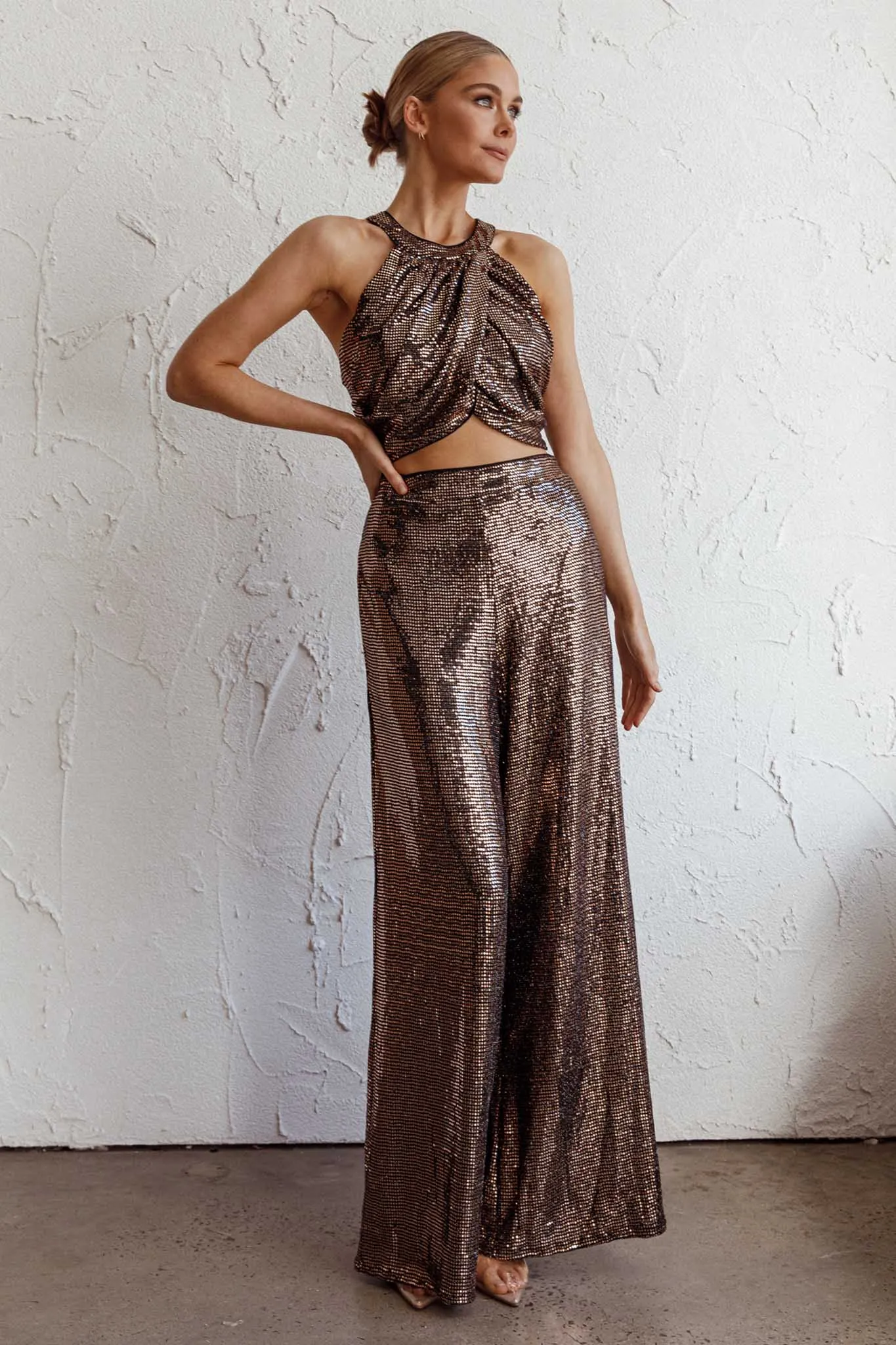 Anything Goes Draped Sequin Crop Top Gold