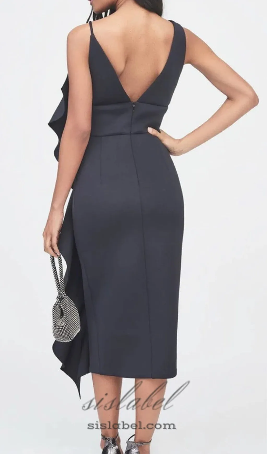 ASYMMETRIC DRAPED FRILL SCUBA DRESS