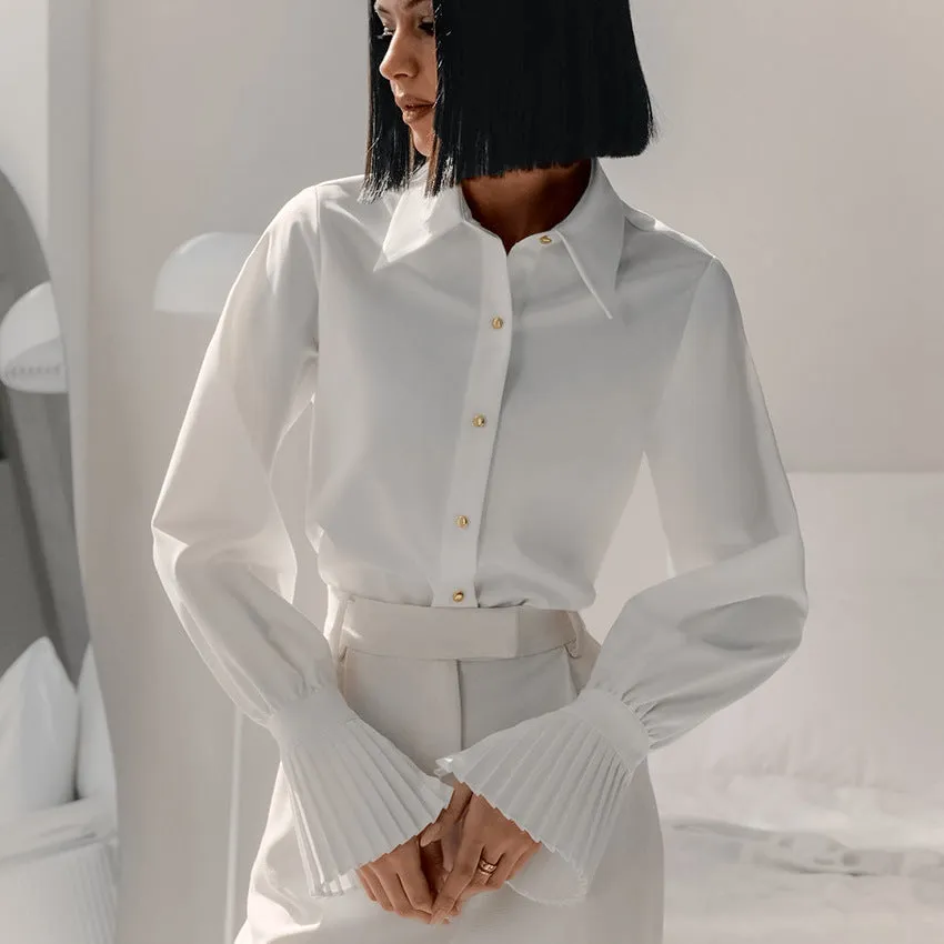 Autumn Design Bell Sleeve White Slim Fit Office Collared Shirt All Matching Simple Shirt Women Clothing