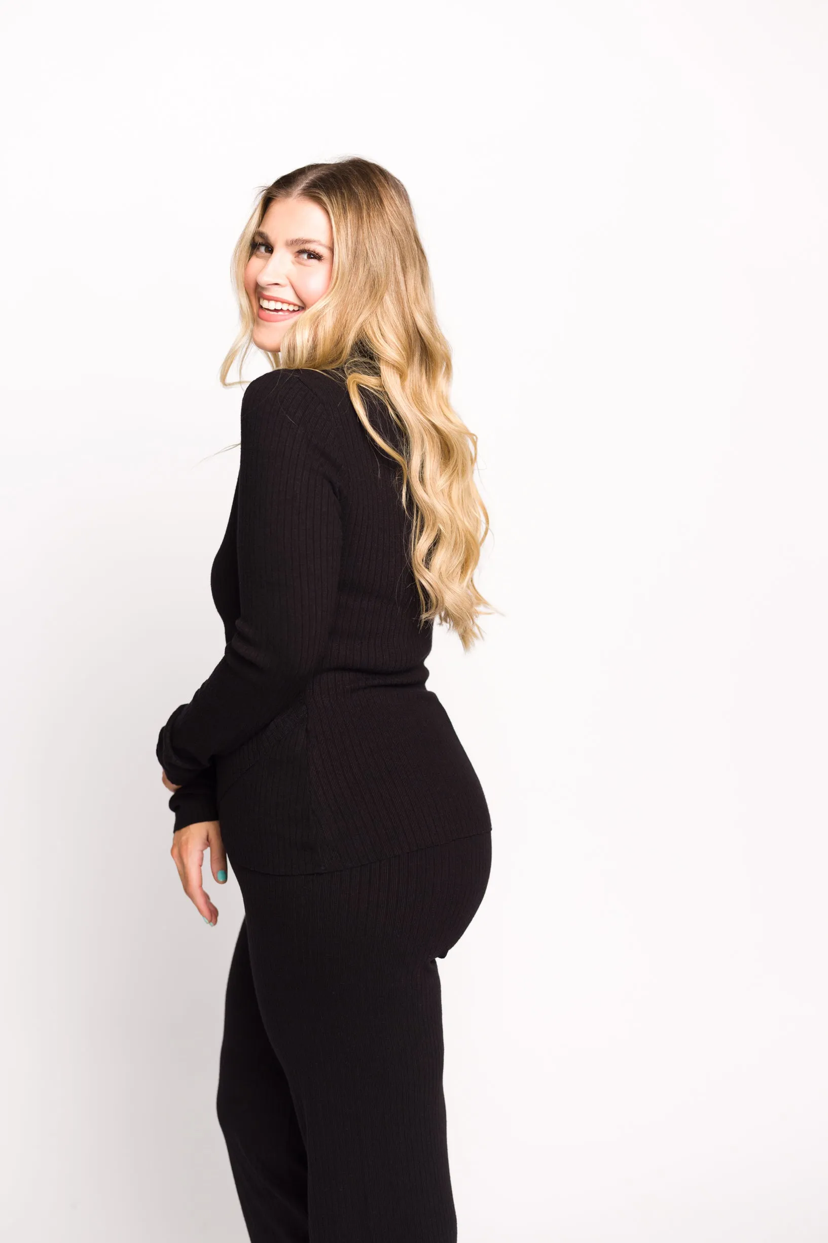 Bailey Petal Hem Long Sleeve and Pants Set in Black