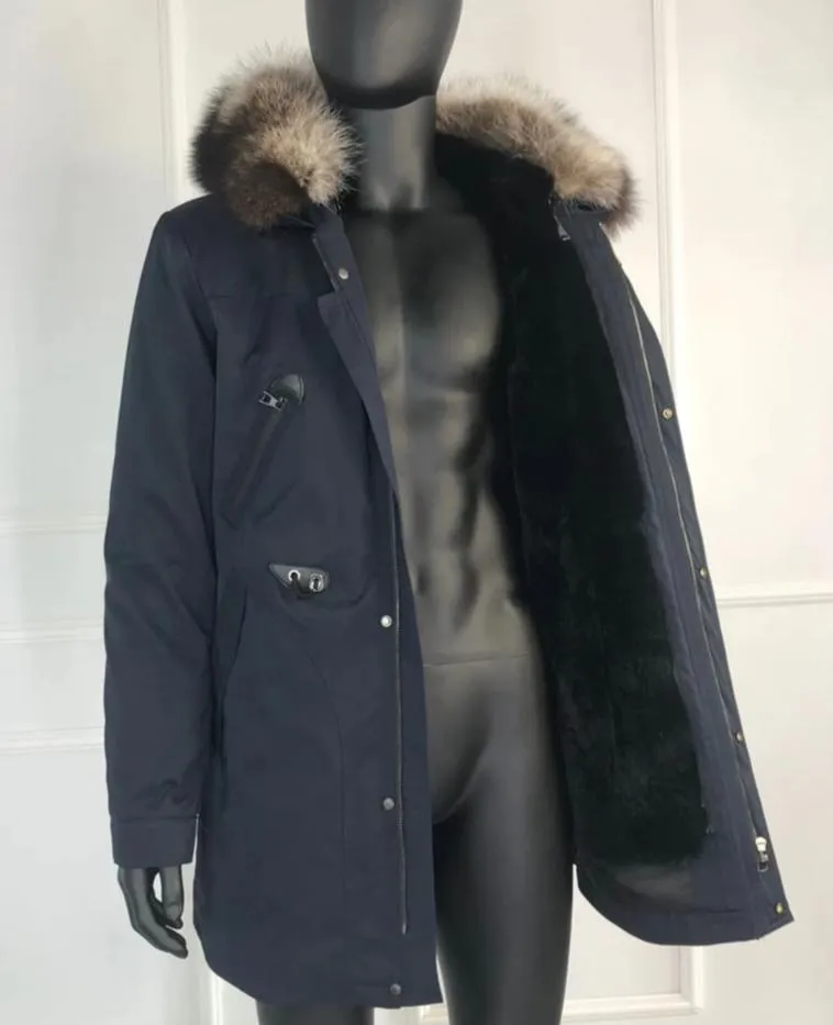 Black/Navy Real Fox Fur Parka Real Rabbit Fur Removable Lining Coats