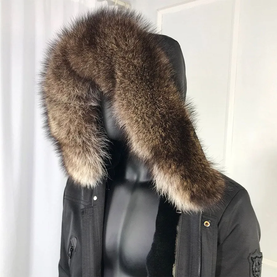 Black/Navy Real Fox Fur Parka Real Rabbit Fur Removable Lining Coats