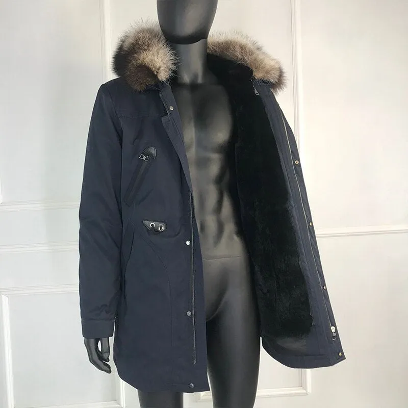 Black/Navy Real Fox Fur Parka Real Rabbit Fur Removable Lining Coats