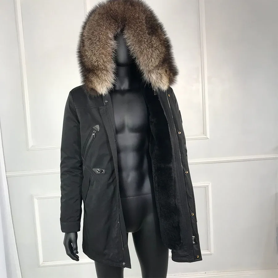 Black/Navy Real Fox Fur Parka Real Rabbit Fur Removable Lining Coats