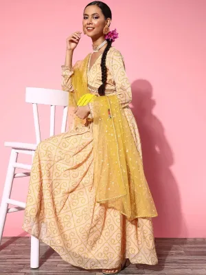 Bright Yellow Printed Semi-stitched Lehenga Choli With Dupatta