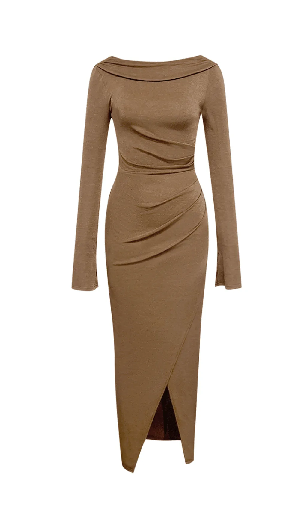 BROWN PLEATED LONG-SLEEVE SLIT MAXI DRESS