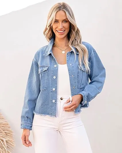 Daylight Blue Women's Denim Collared Jacket With Flap Pocket Button UP Raw Hem Detail Long Sleeve Jean Jackets