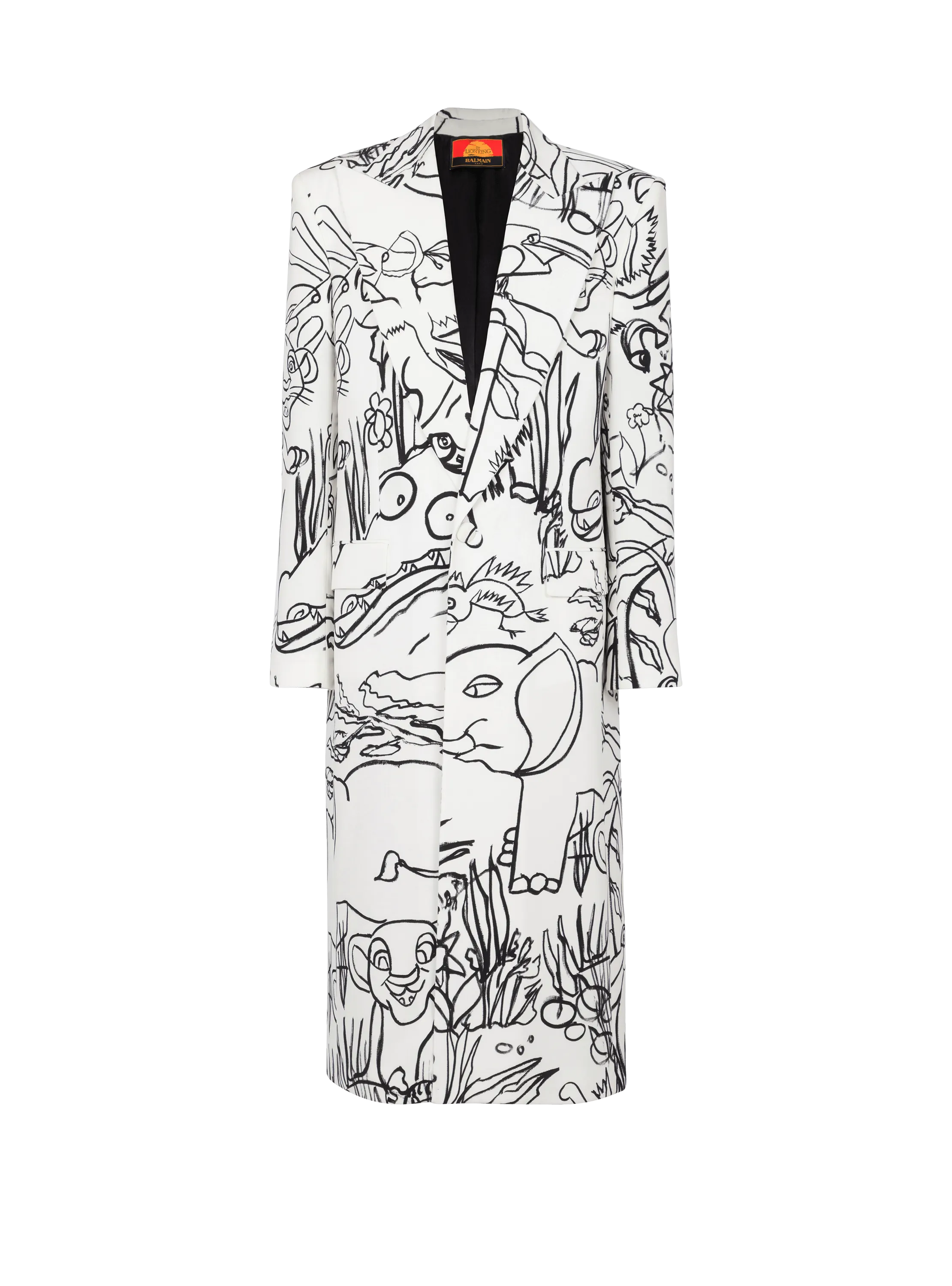 Disney x Balmain: The Lion King - Long Crepe Coat With Enfant Précoce Print