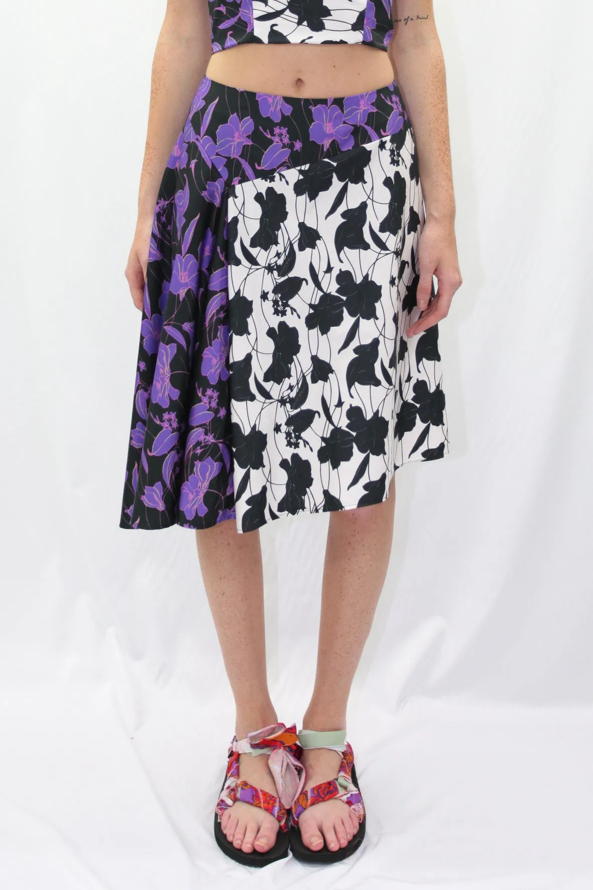 Floral Printed Purple Asymmetric Midi Skirt