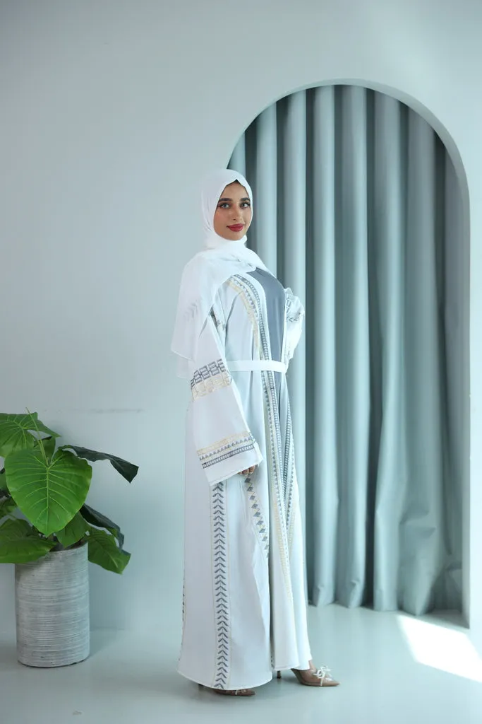 Four Piece Aztec Embroidered Open Abaya - White And Grey