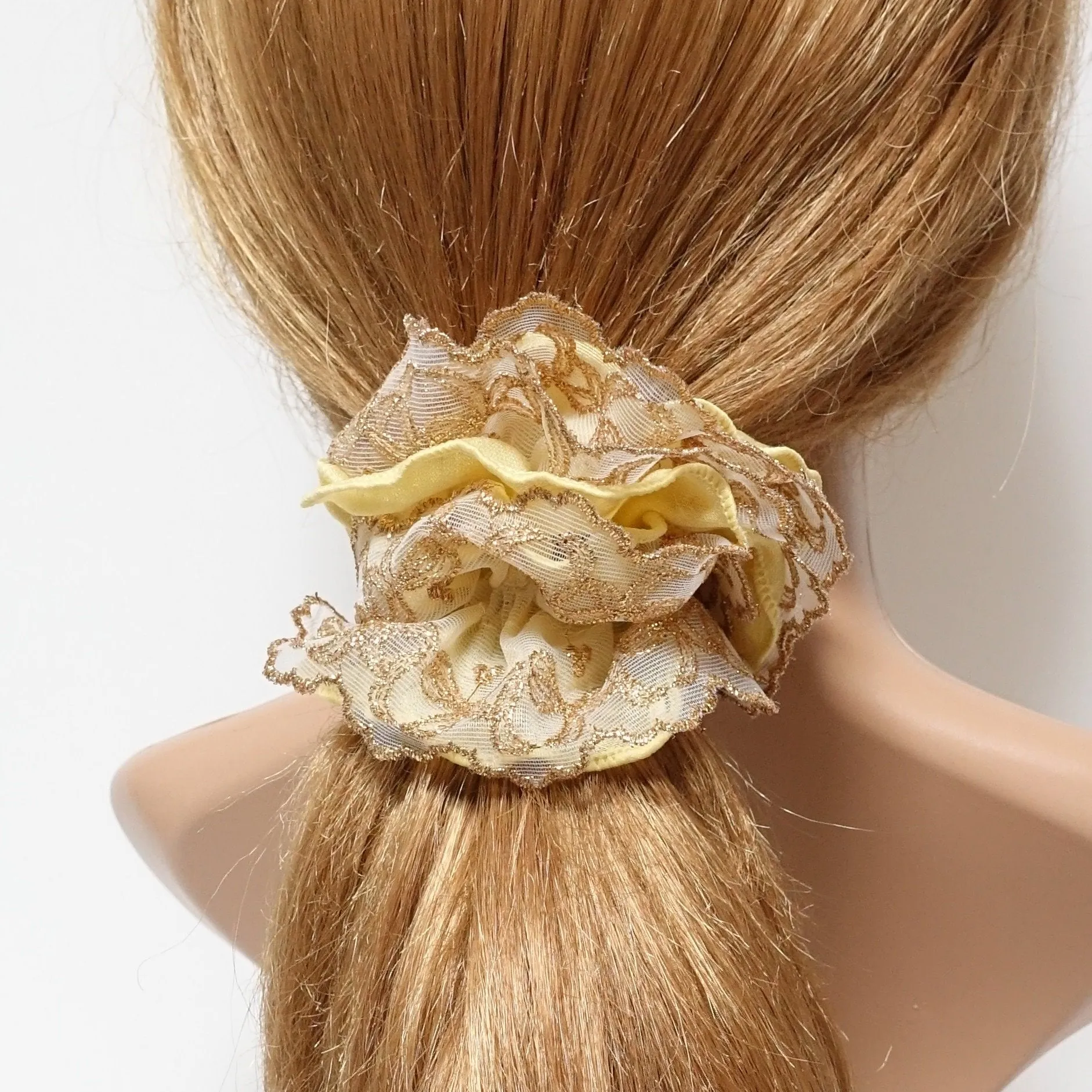 golden thread mesh lace chiffon scrunchies woman elastic hair accessories