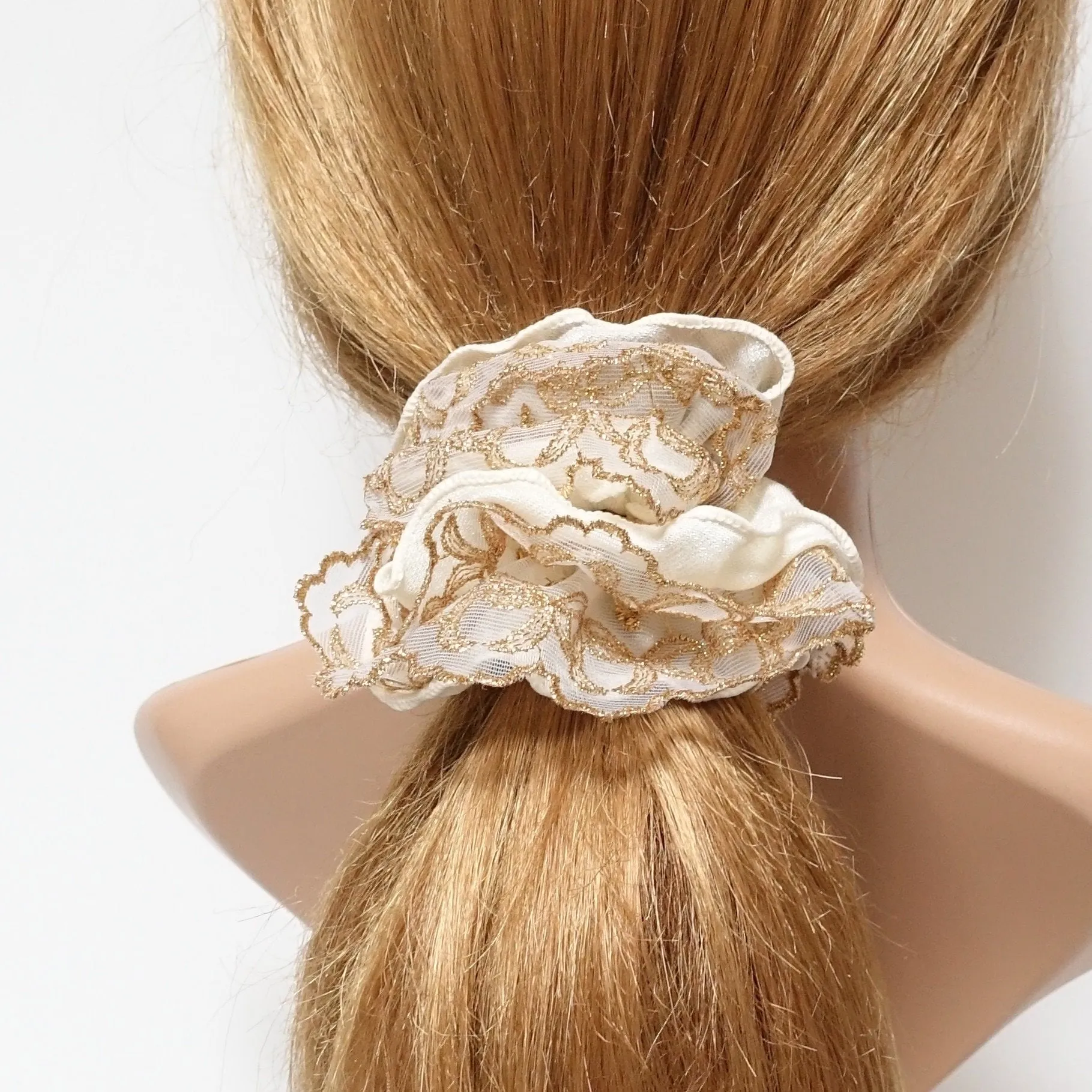 golden thread mesh lace chiffon scrunchies woman elastic hair accessories