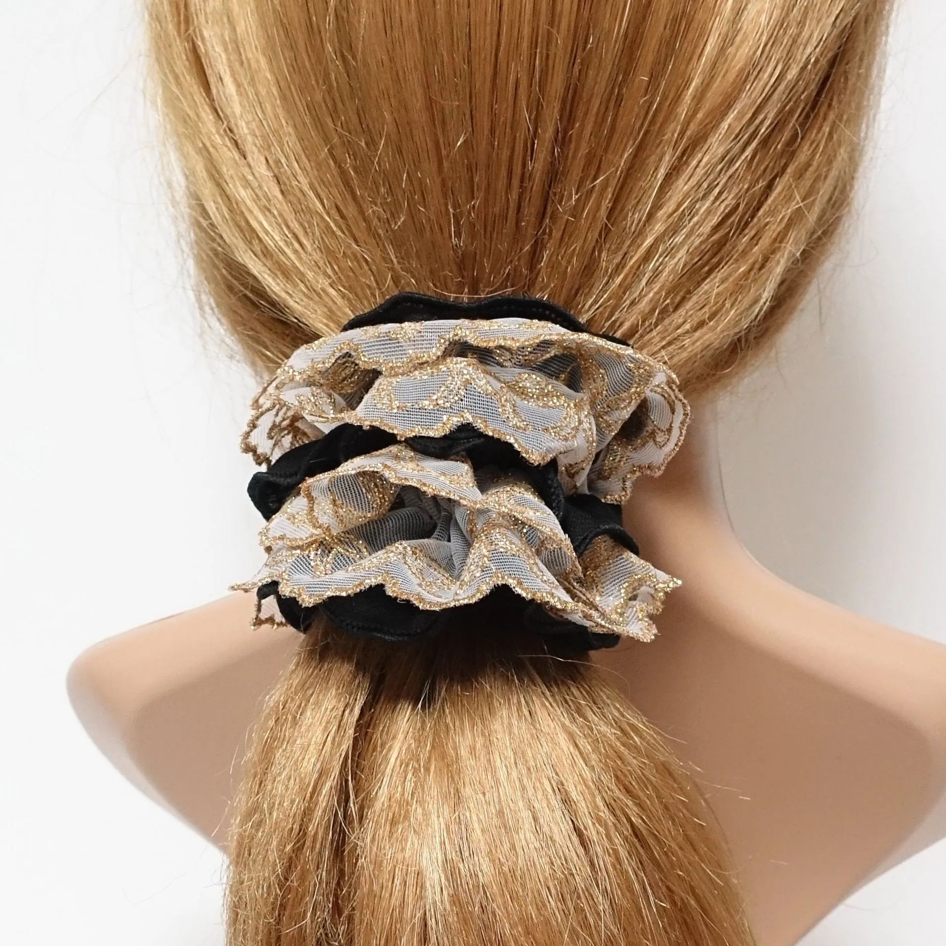 golden thread mesh lace chiffon scrunchies woman elastic hair accessories