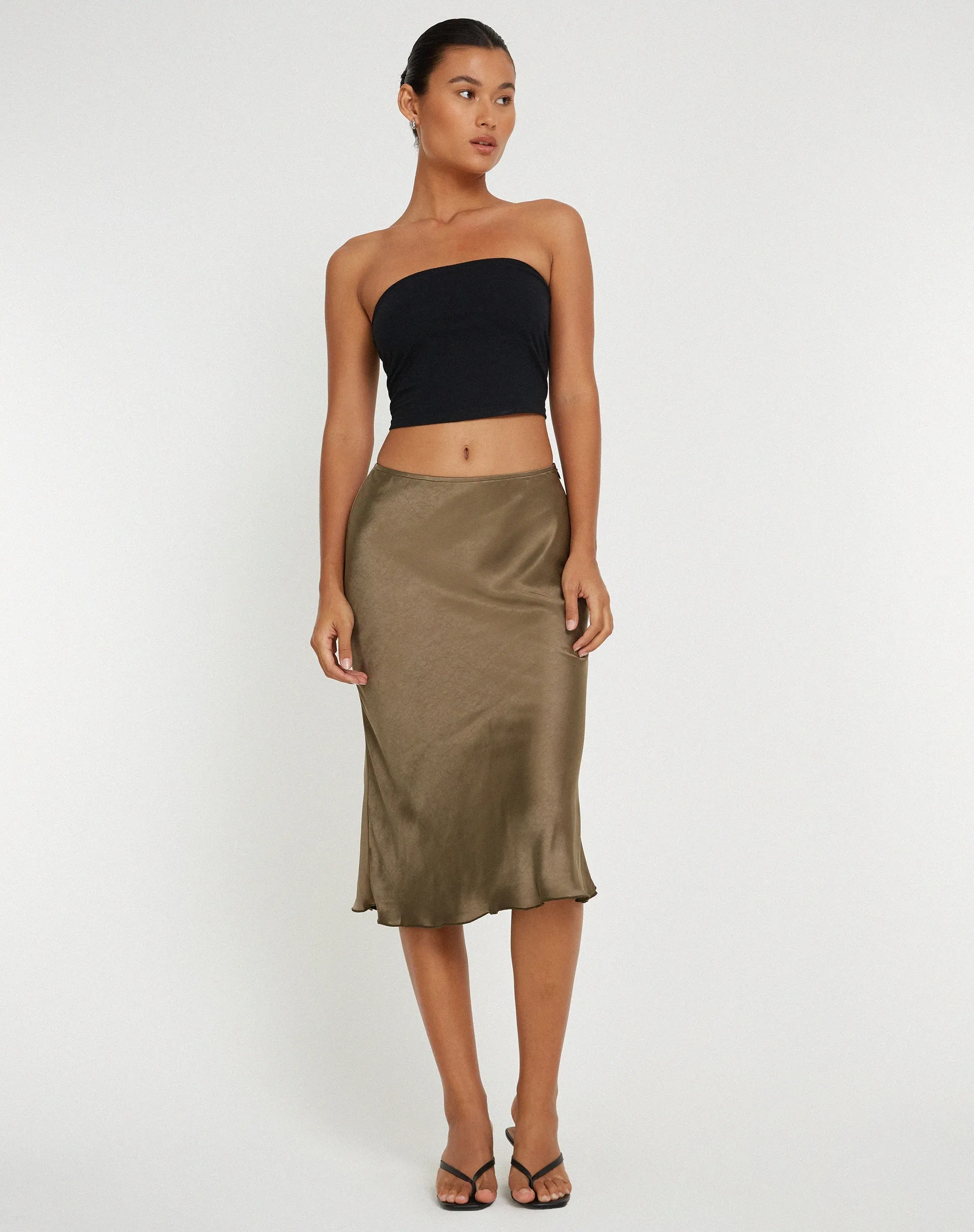 Goya Midi Skirt in Satin Dark Olive