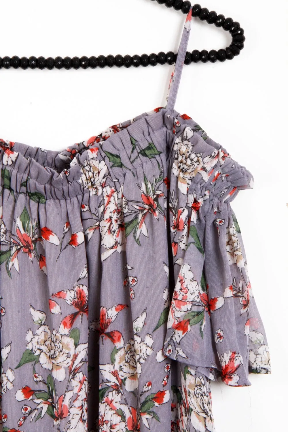 Grey Floral Print Chiffon Off Shoulder Summer Dress Top