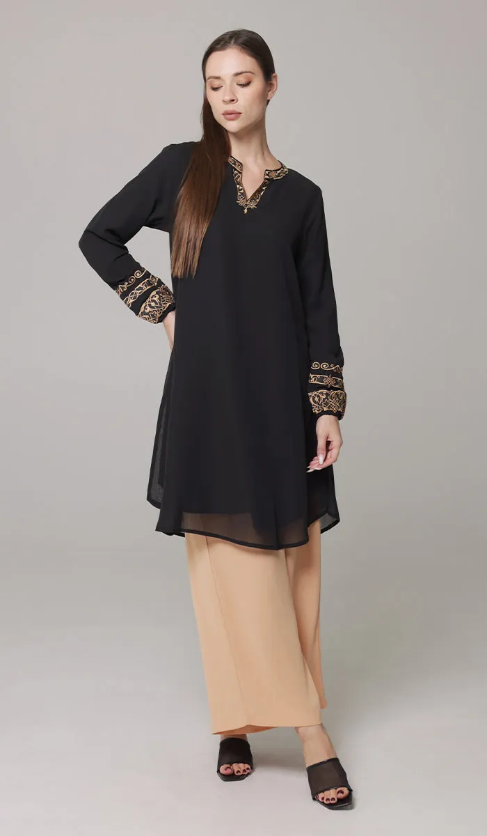 Hikmah Embroidered Modest Midi Tunic - Black - PREORDER (ships in 2 weeks)