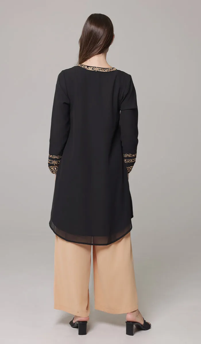 Hikmah Embroidered Modest Midi Tunic - Black - PREORDER (ships in 2 weeks)