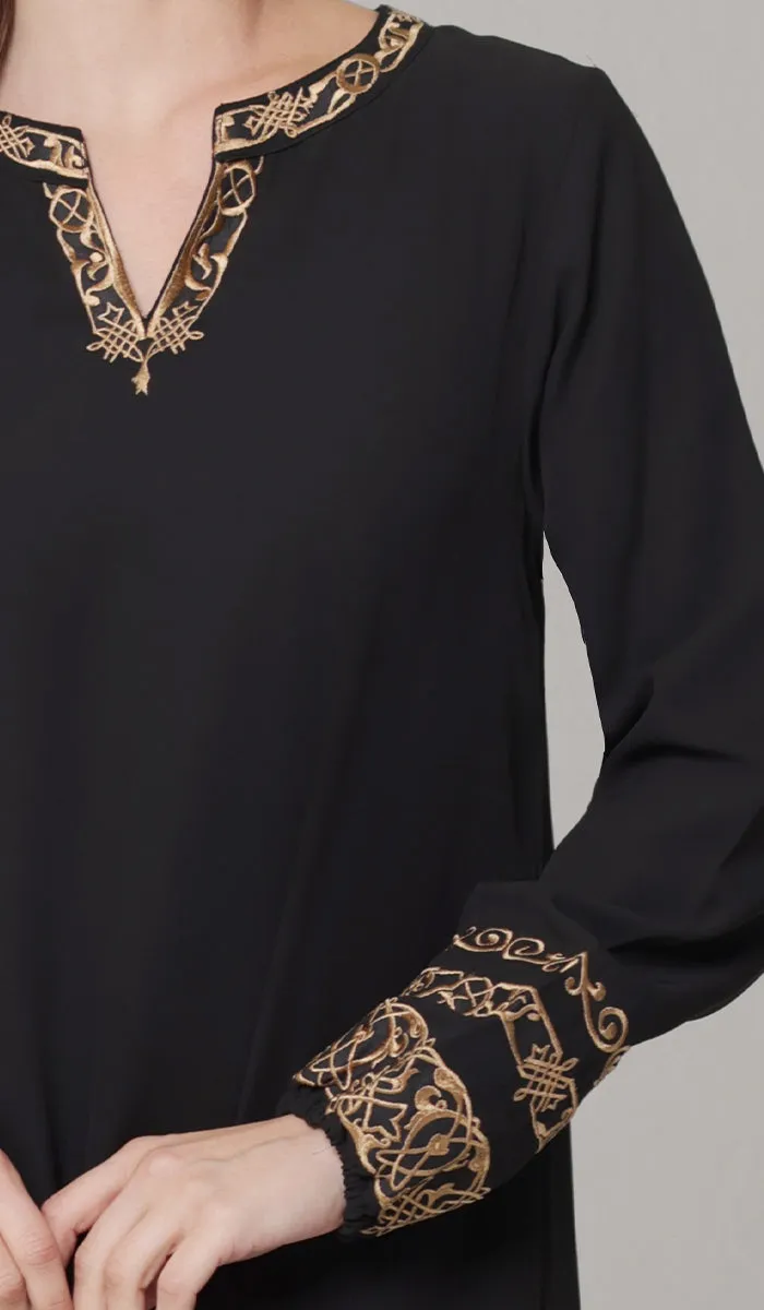 Hikmah Embroidered Modest Midi Tunic - Black - PREORDER (ships in 2 weeks)