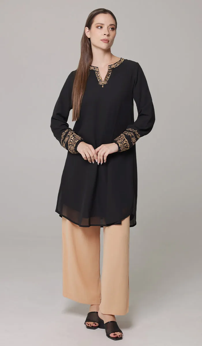 Hikmah Embroidered Modest Midi Tunic - Black - PREORDER (ships in 2 weeks)