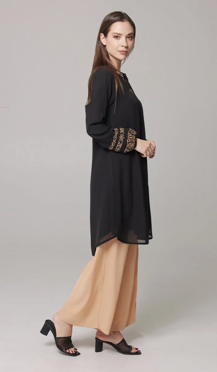 Hikmah Embroidered Modest Midi Tunic - Black - PREORDER (ships in 2 weeks)