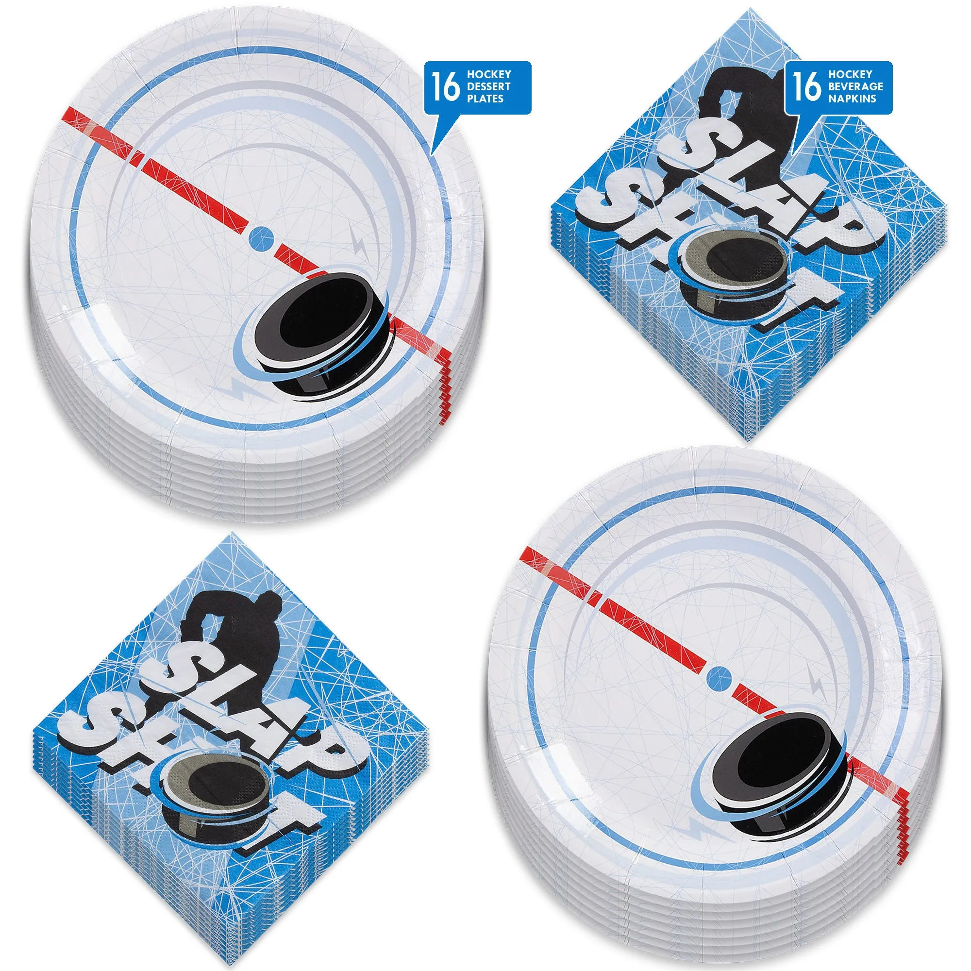 Hockey Party Supplies - Ice Puck Paper Plates Skate and Slap Shot Napkins (Serves 16)