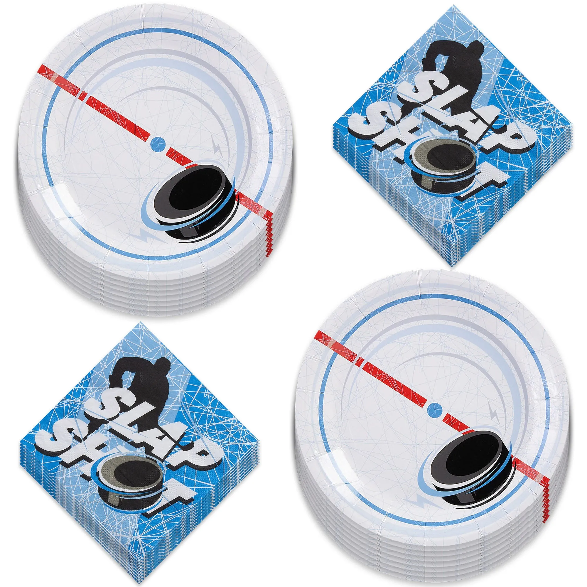 Hockey Party Supplies - Ice Puck Paper Plates Skate and Slap Shot Napkins (Serves 16)