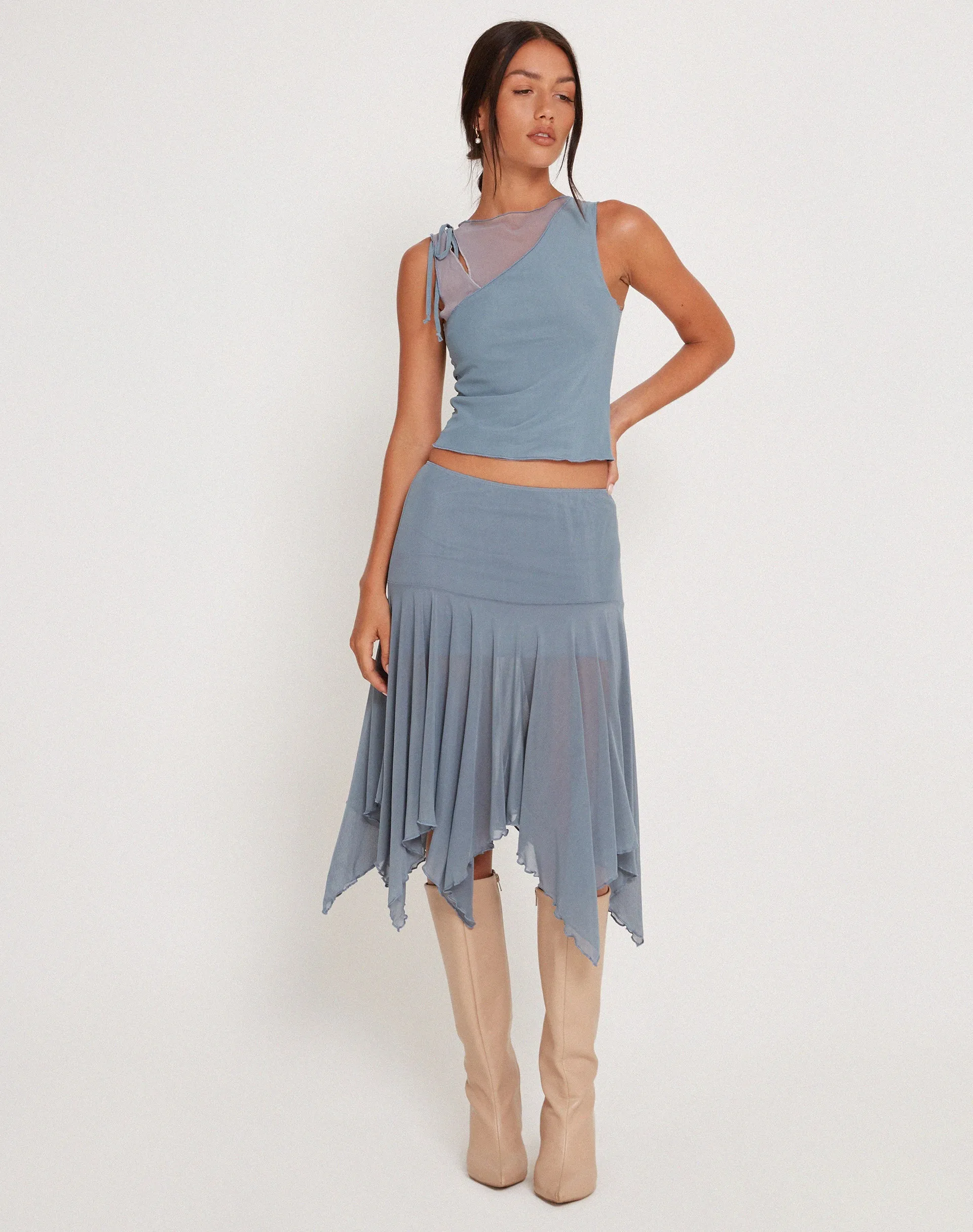 Jovali Low Waist Midi Skirt in Blue Grey Mesh