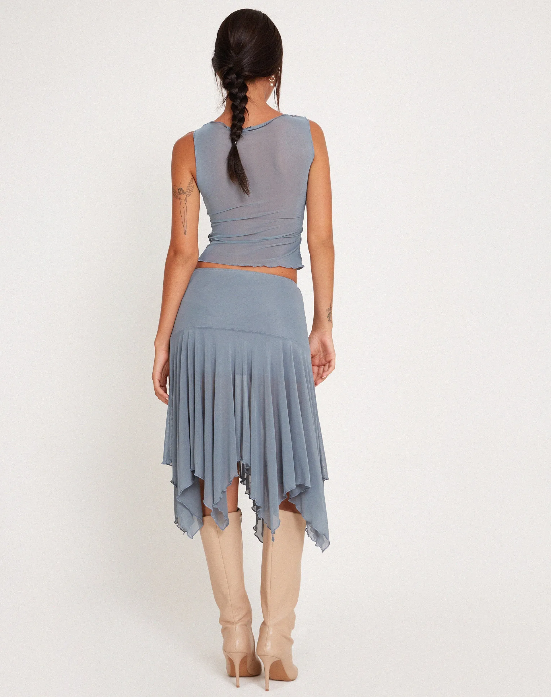 Jovali Low Waist Midi Skirt in Blue Grey Mesh