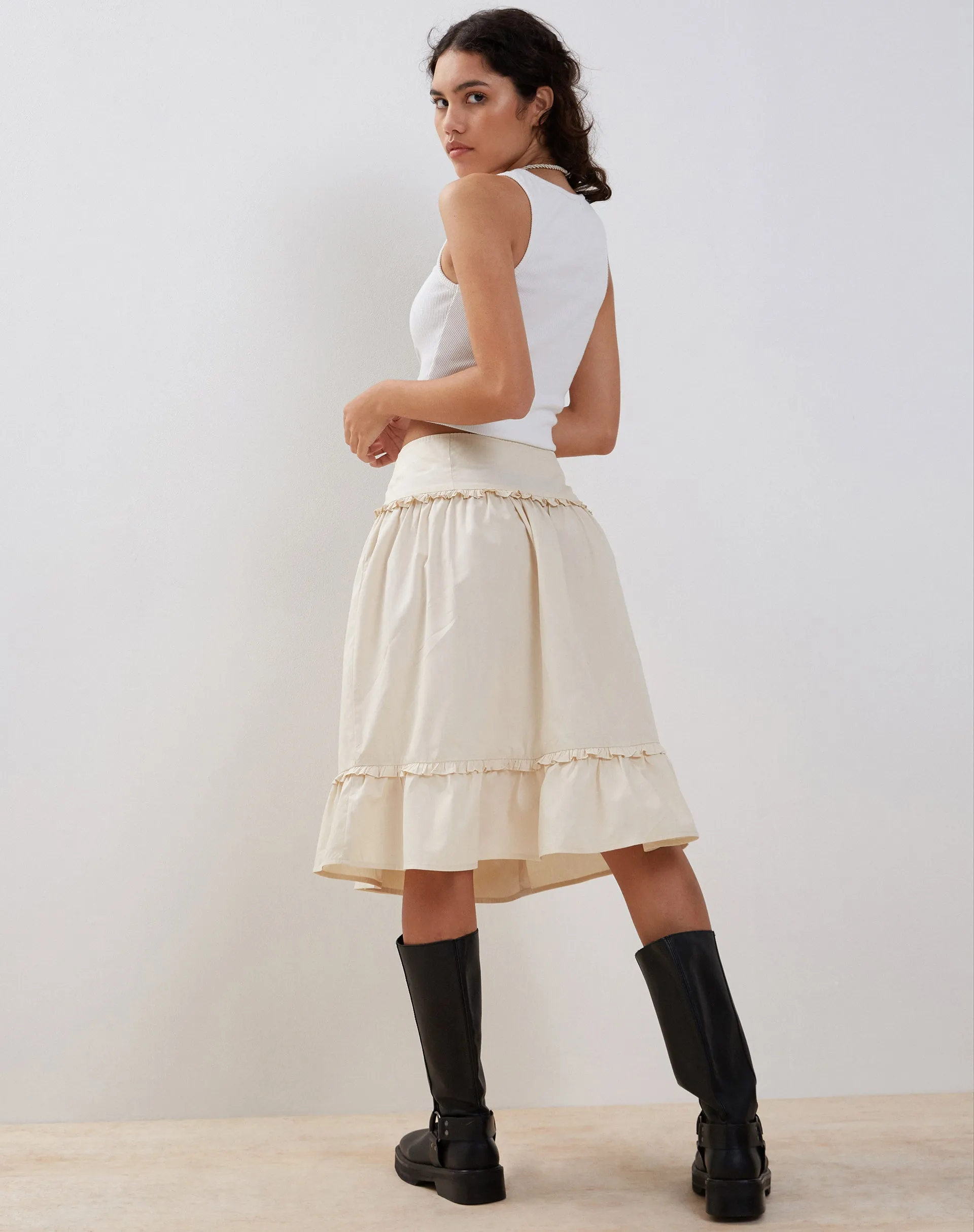 Kasya Frill Hem Midi Wrap Skirt in Ivory