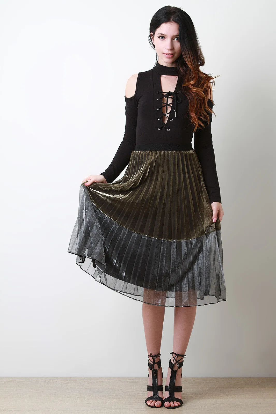 Metallic Sheer Accordion Midi Skirt