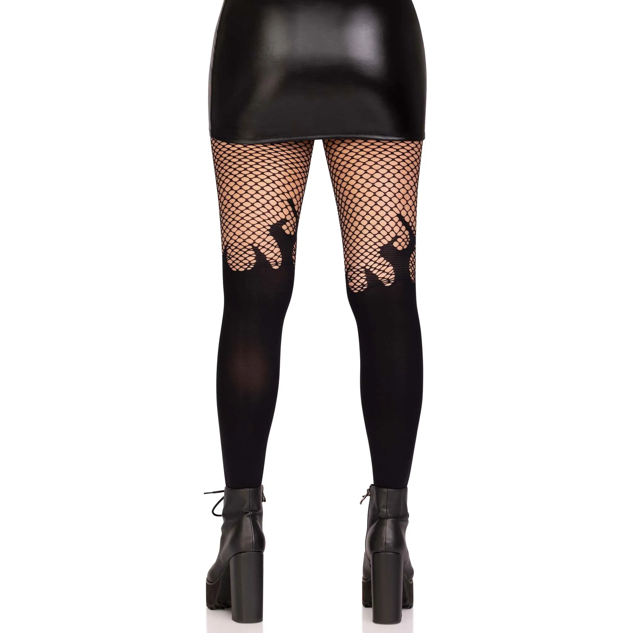 Opaque Flame Tights With Fishnet Top - One Size -  Black