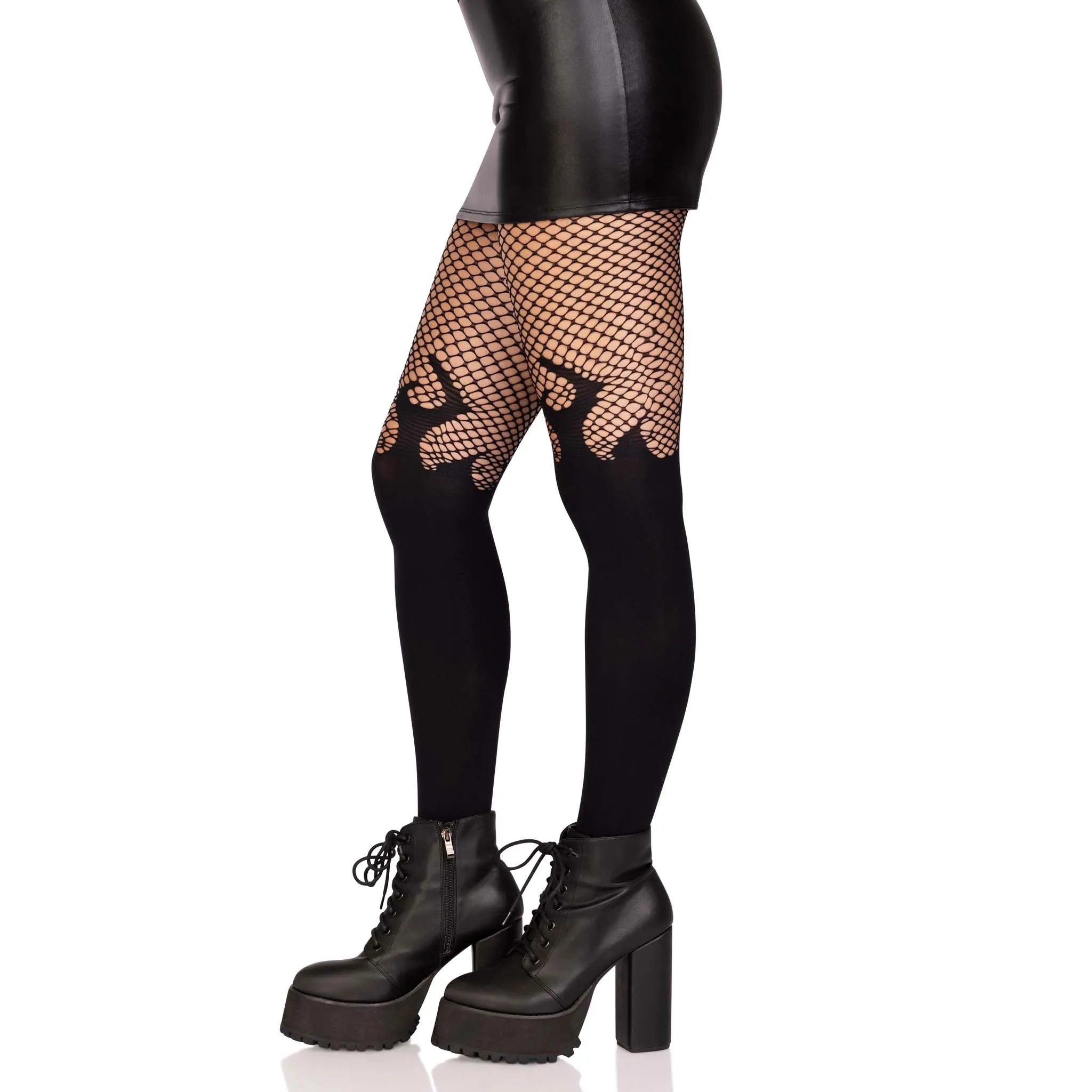 Opaque Flame Tights With Fishnet Top - One Size -  Black