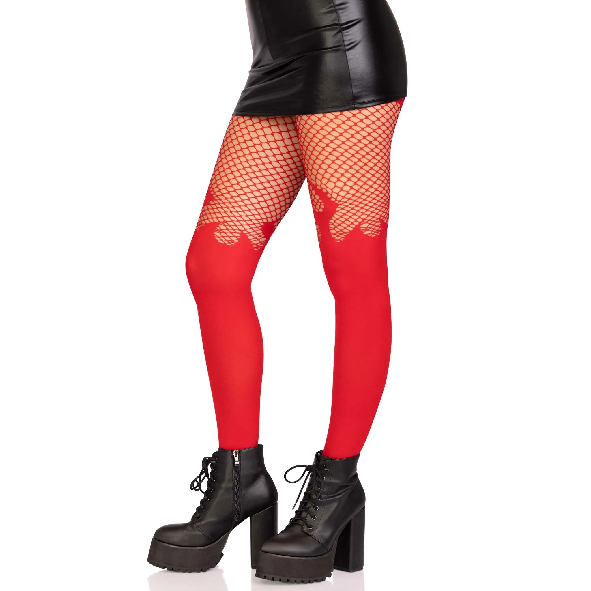 Opaque Flame Tights With Fishnet Top - One Size -  Red