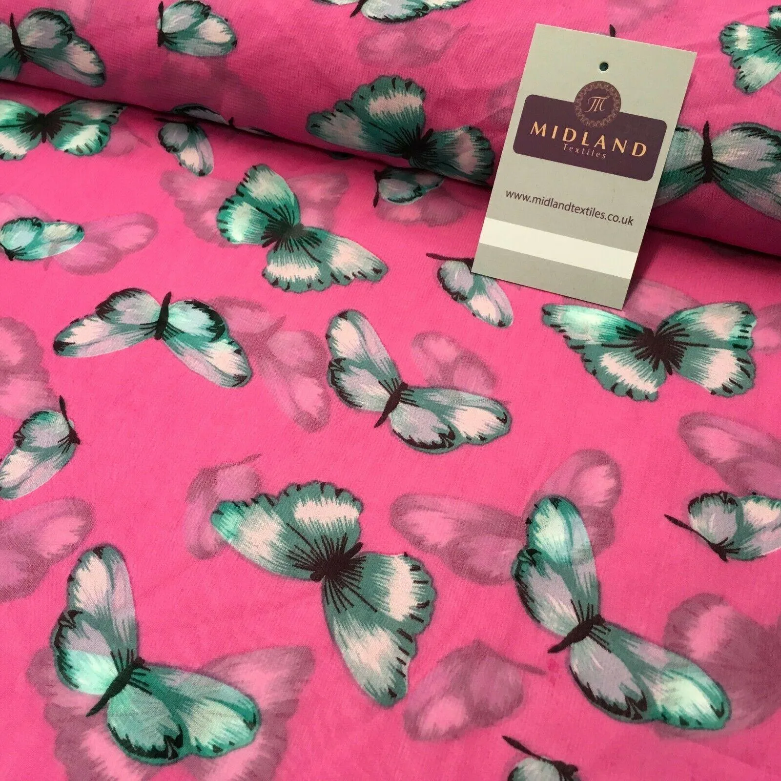 Pink Butterfly High Street Printed Light Chiffon Fabric 150 cm Wide MK1084 Mtex