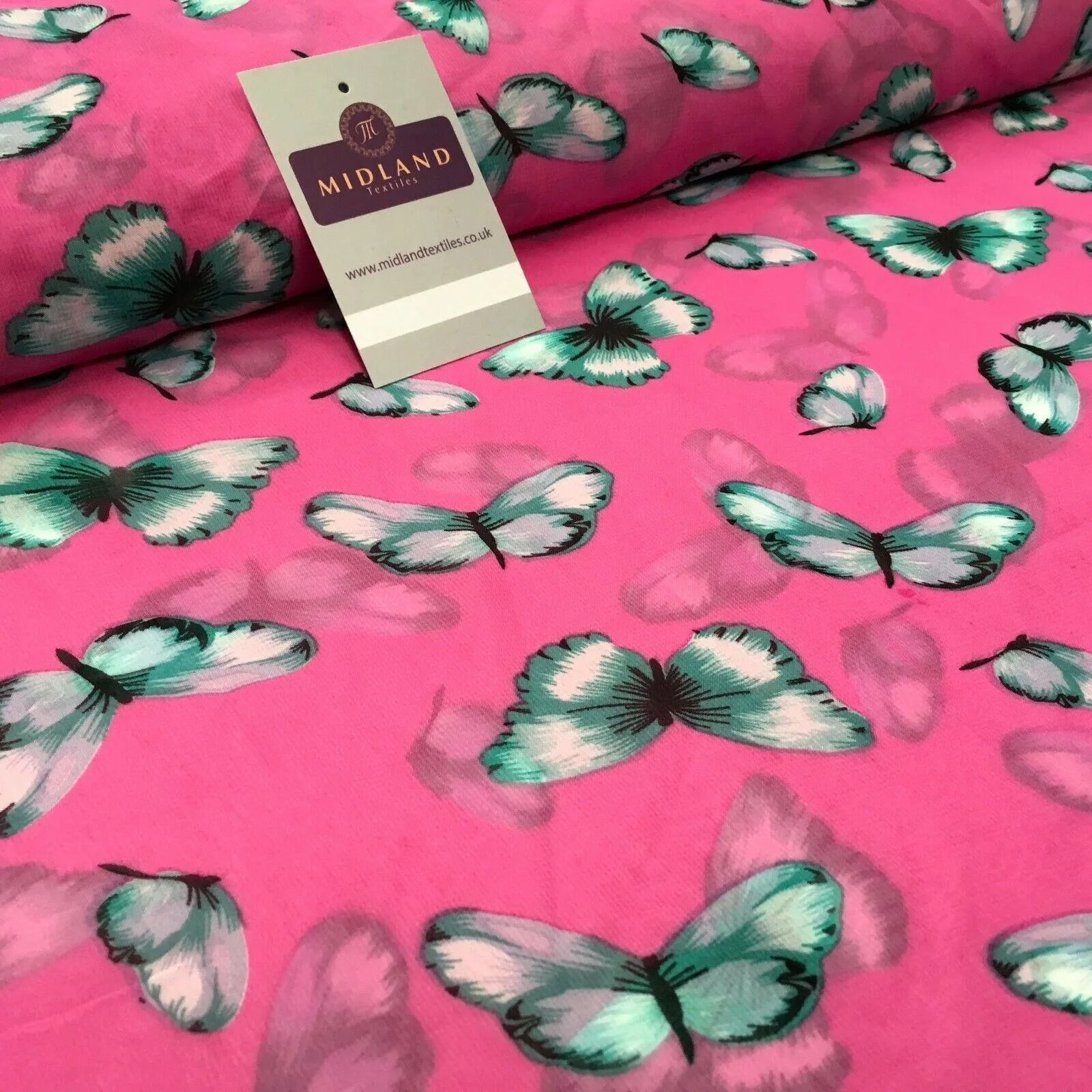 Pink Butterfly High Street Printed Light Chiffon Fabric 150 cm Wide MK1084 Mtex