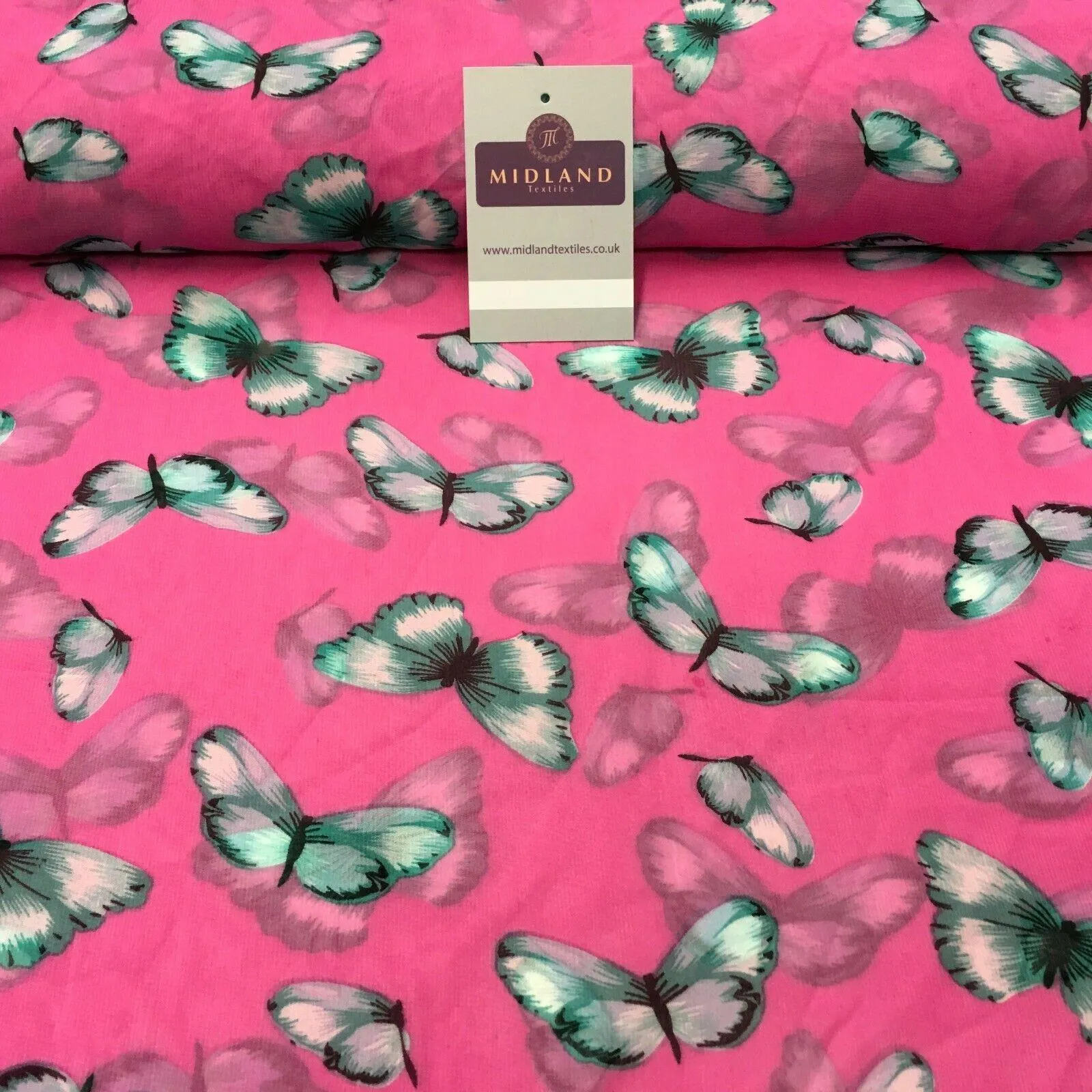 Pink Butterfly High Street Printed Light Chiffon Fabric 150 cm Wide MK1084 Mtex