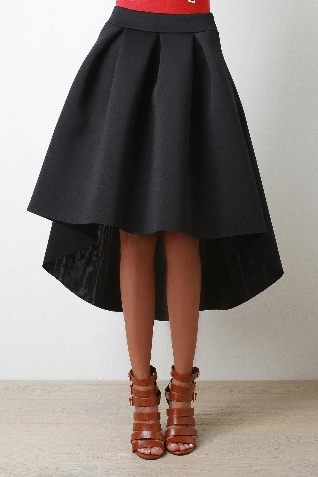 Pleated Scuba High-Low Flared Midi Skirt