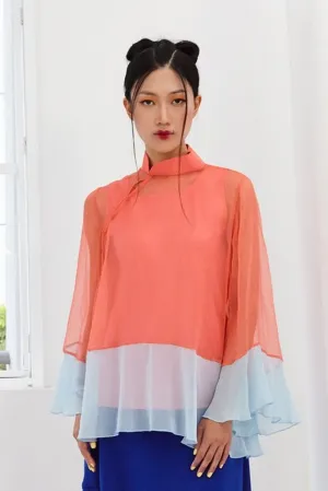 Pre-Order SALMON AND LIGHT BLUE CHIFFON WITH SALMON SATIN SILK LOOSE FITTED OFF CENTERED MANDARIN COLLAR TOP WITH INNER BIAS CAMISOLE - MULTI