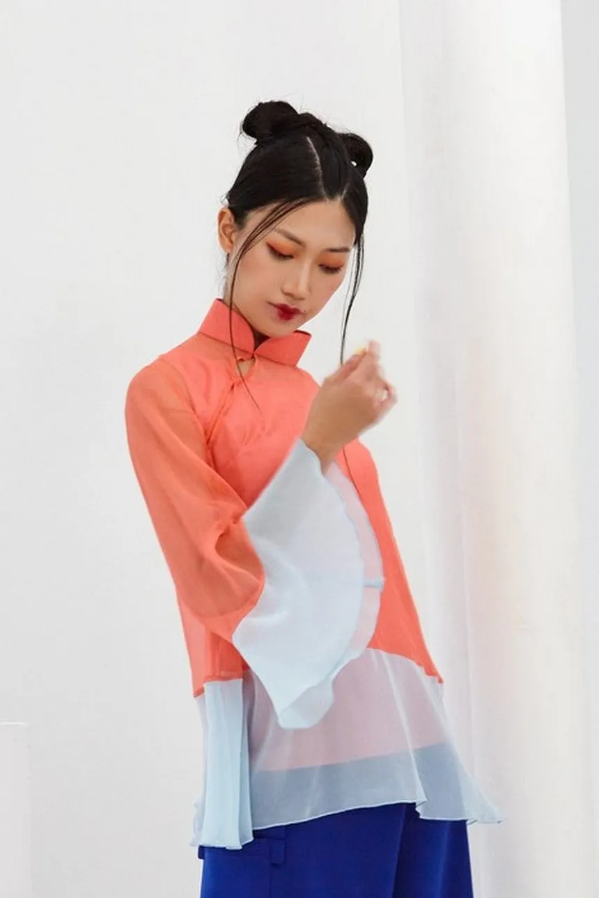 Pre-Order SALMON AND LIGHT BLUE CHIFFON WITH SALMON SATIN SILK LOOSE FITTED OFF CENTERED MANDARIN COLLAR TOP WITH INNER BIAS CAMISOLE - MULTI