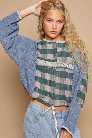 Round Neck Long Sleeve Plaid Shirt