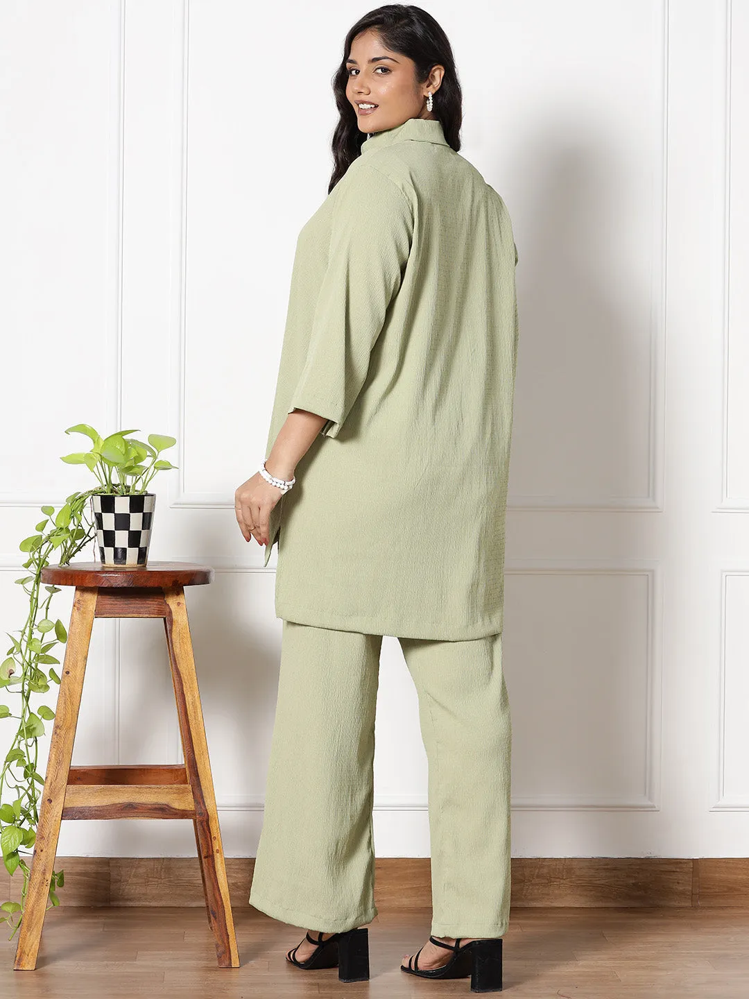 SageGreen Textured ShirtTop & WaistbandPalazzo