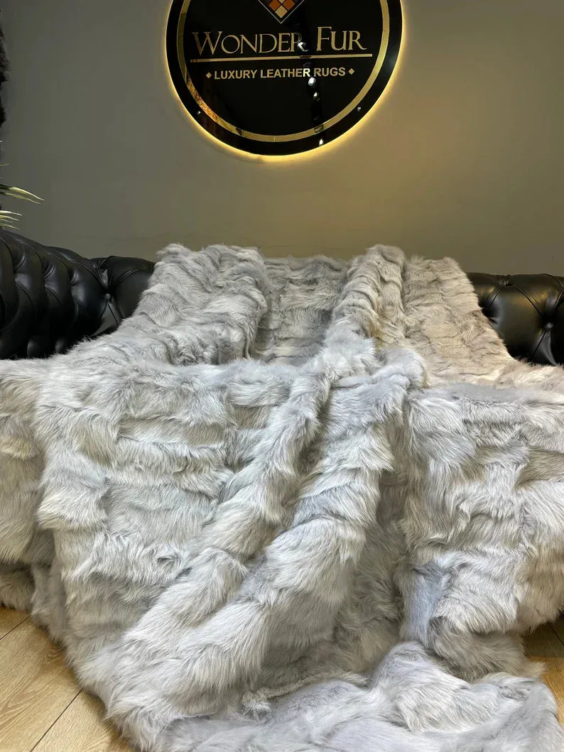 Silver Natural Fur Shaggy Blanket, Real Fur Sheepskin Cozy Throw