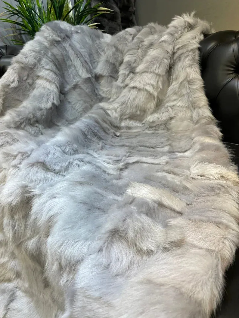 Silver Natural Fur Shaggy Blanket, Real Fur Sheepskin Cozy Throw