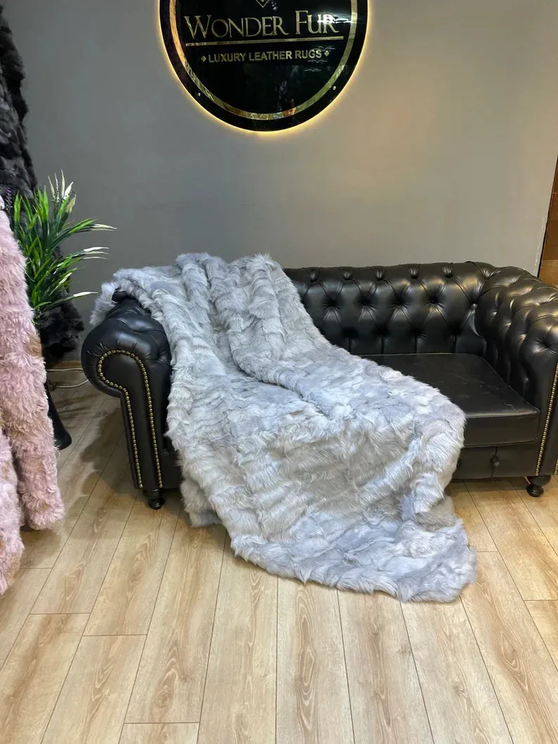 Silver Natural Fur Shaggy Blanket, Real Fur Sheepskin Cozy Throw