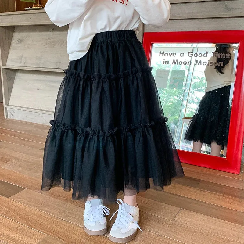 Spring Girls' Skirts Children's Trendy Versatile Large Skirt Hem Gauze Skirts Medium And Small Girls Fluffy Mesh Half Skirt