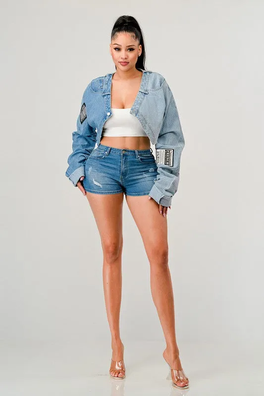 TEEK - Denim Patched X-Contrast Top